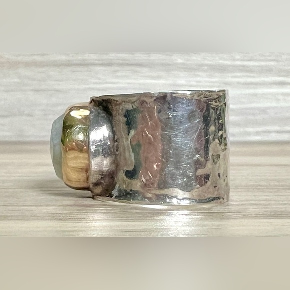 Designer Sundance Sterling Silver & Gold Hammered Wide Band Moonstone Ring - Picture 3 of 11